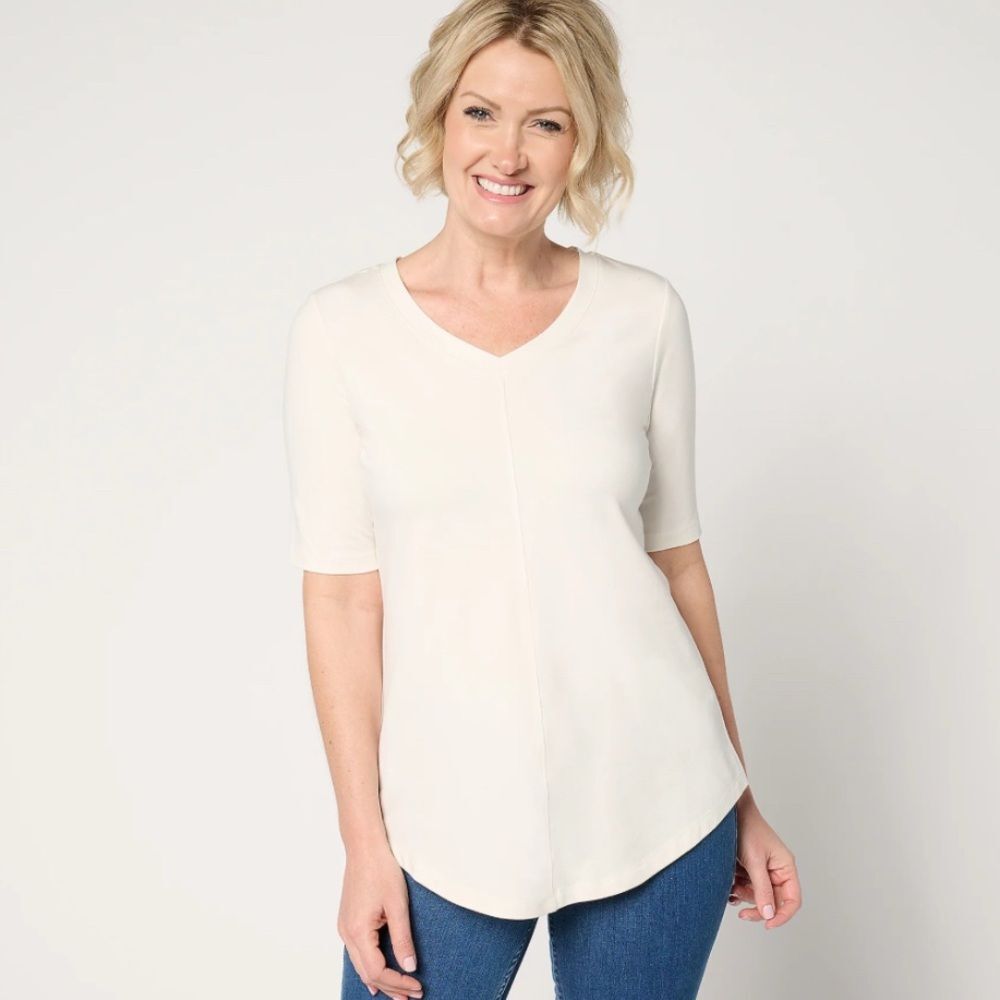 Denim & Co. Essentials Pet Favorite Jersey Elbow Sleeve V-Neck Tunic Natural LP